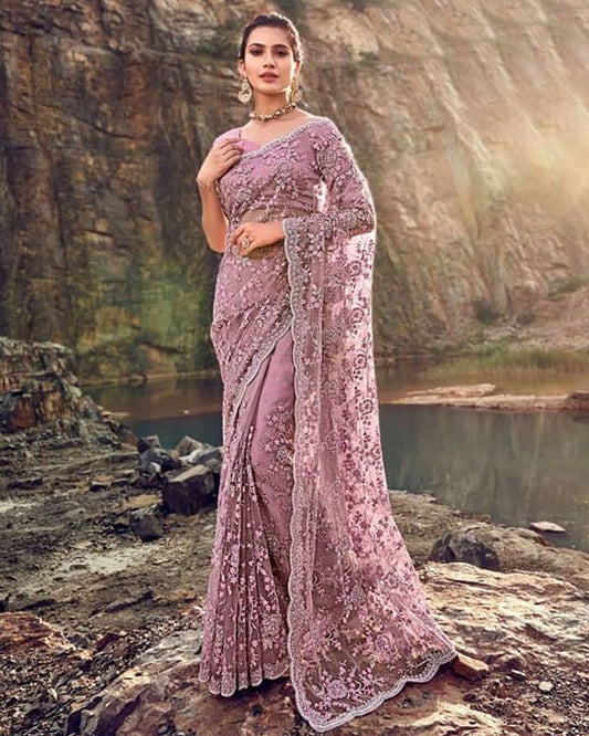Embroidered Georgette Mauve Saree