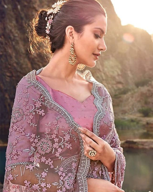 Embroidered Georgette Mauve Saree