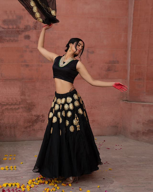 Embelished Organza Black Lehenga