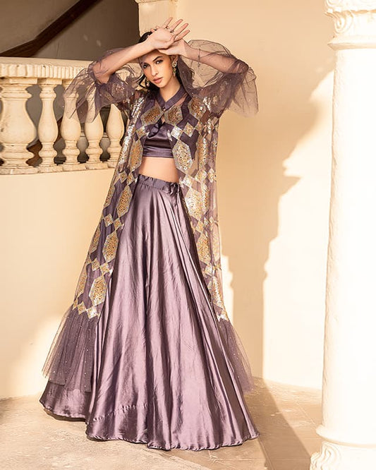 Embelished Silk Net Purple Lehenga with Jacket