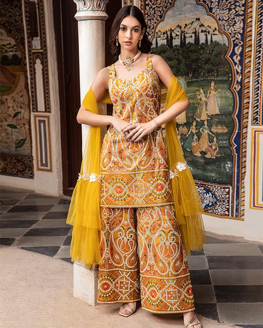 Embroidered Georgette Mustard Suit