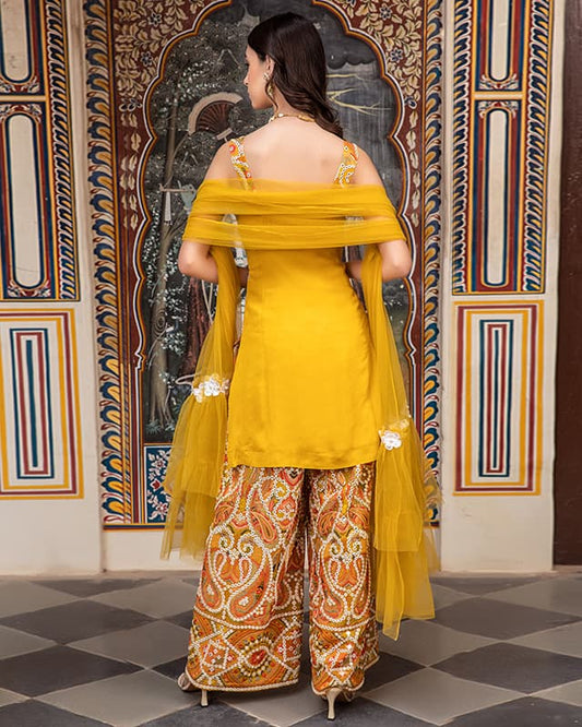 Embroidered Georgette Mustard Suit