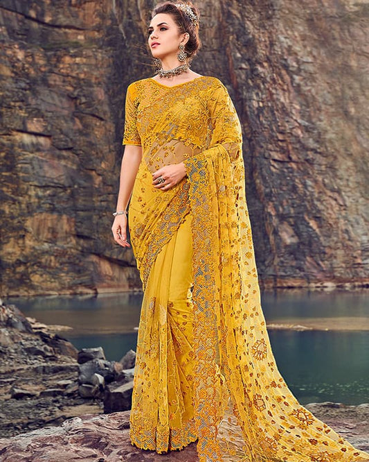 Embroidered Georgette Yellow Saree