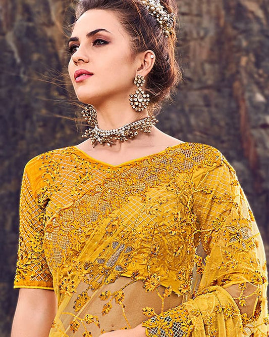 Embroidered Georgette Yellow Saree